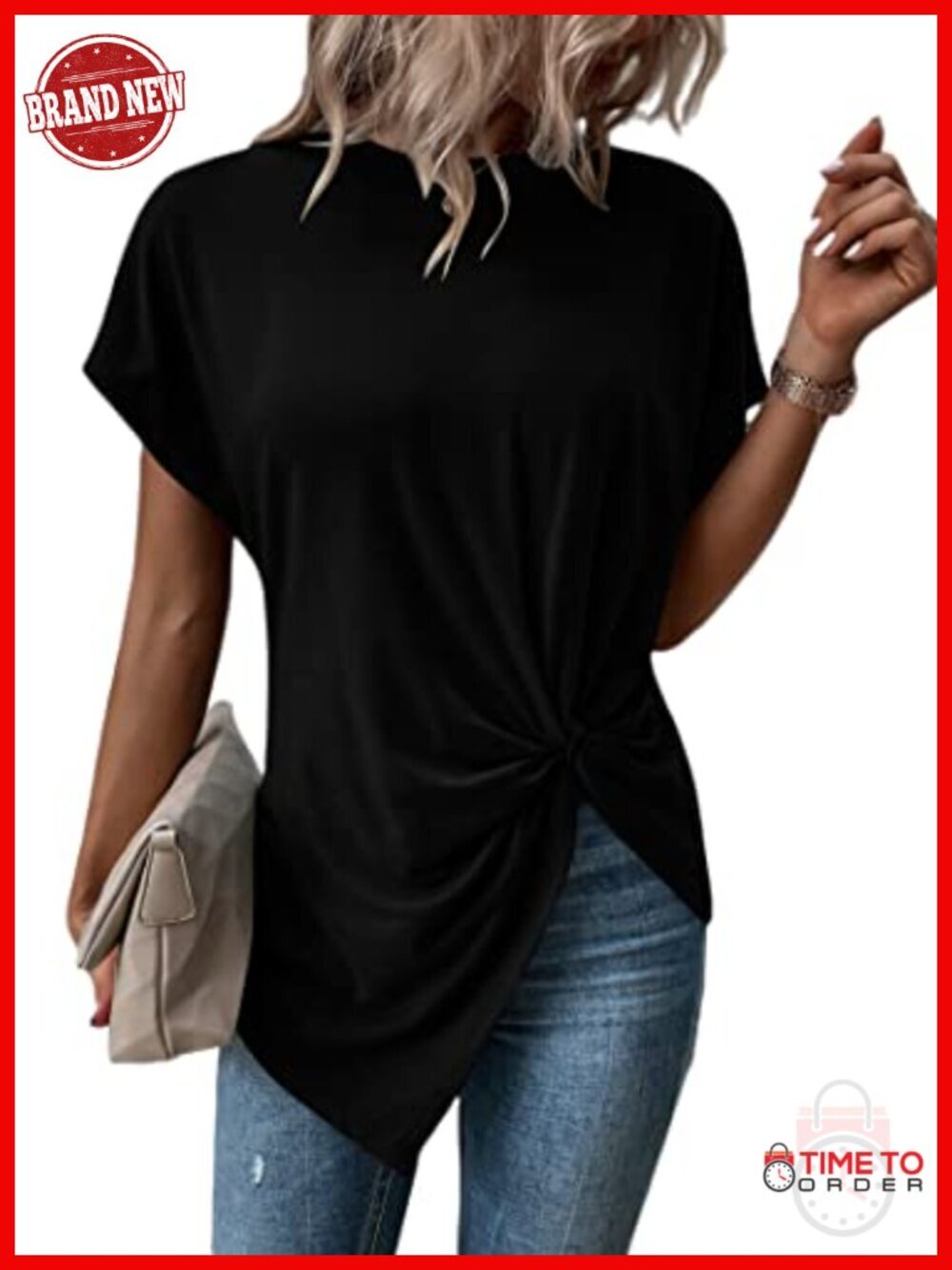Asymmetrical Twist Front Tunic Tee Crewneck Short Sleeve